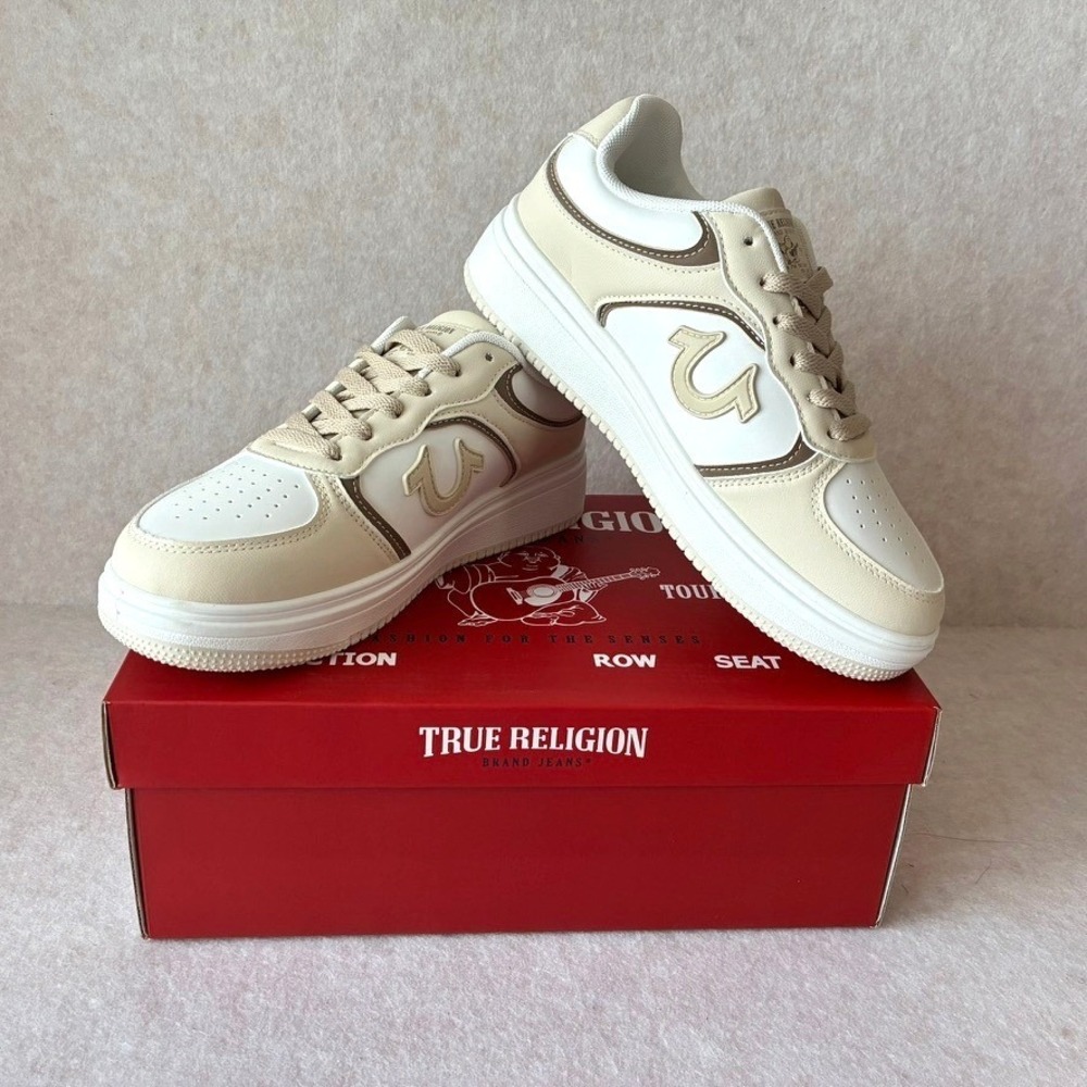 True Religion Kelly Court Sneaker Womens 7 Cream Logo Shoes New in Box